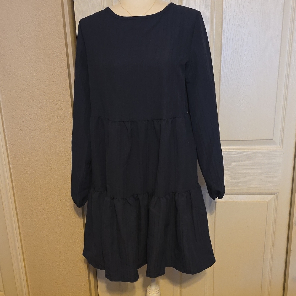 Navy Blue Long Sleeve Tiered Dress